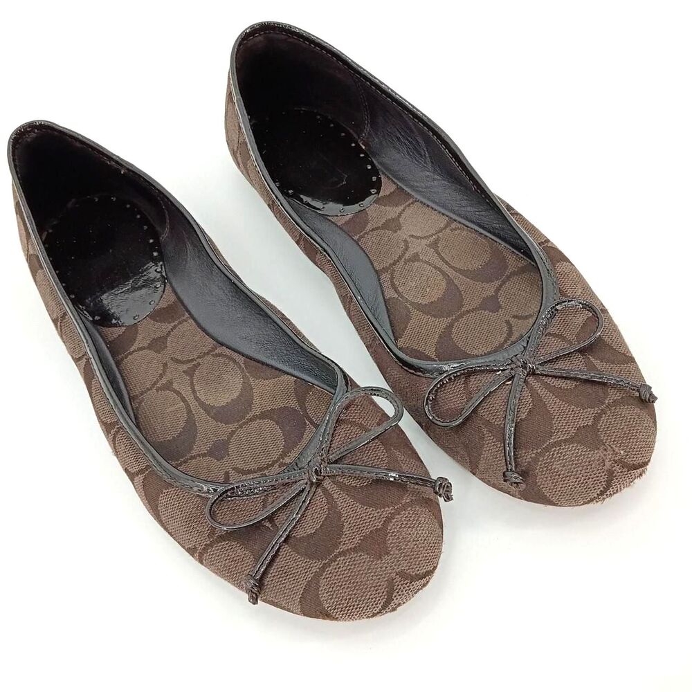 Coach Signature Canvas Ballet Flats Brown Monogram Bow Patent Trim 8.5 B